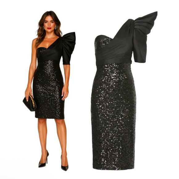 Badgley Mischka Black One-Shoulder Sequin Dress NWT Size 4 - Picture 6 of 16